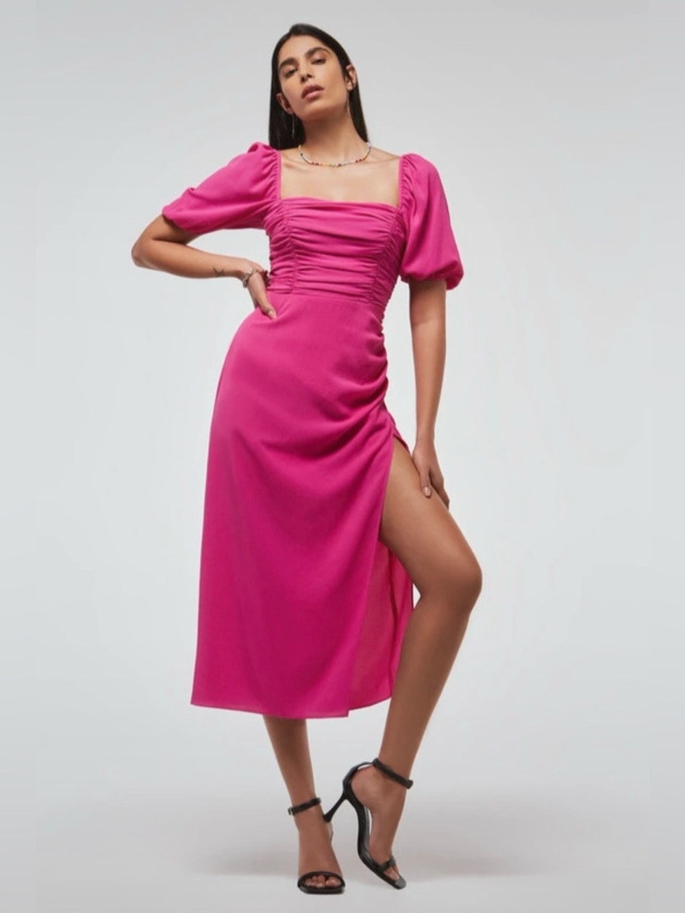 French Connection Fuchsia Ruched Puff-Sleeve Midi Dress